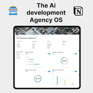 Op de afbeelding: Een tablet met het dashboard "The Ai development Agency OS". De interface toont grafieken, gegevens en financiële informatie. Een cartoonrobot en het logo "N" staan in de bovenhoeken.