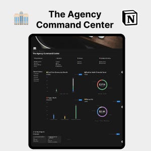 May include: A digital tablet screen showing "The Agency Command Center" interface. The display features data charts and financial information. The text "$375K" and "$2.5K" are visible. The Notion logo is in the upper right corner.