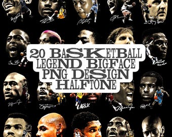 May include: A digital graphic design featuring twenty basketball legends in a halftone style against a black background. The central white text reads 20 BASKETBALL LEGEND BIGFACE PNG DESIGN HALFTONE. Each portrait includes a small action figure.