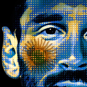 Puede incluir: Retrato de un rostro masculino al estilo pop art, utilizando puntos azules y amarillos sobre un fondo negro. La imagen incluye barba y la bandera argentina en la mejilla.