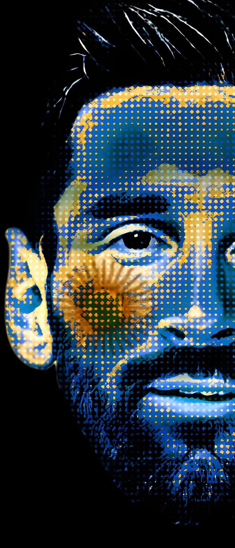 Puede incluir: Retrato de un rostro masculino al estilo pop art, utilizando puntos azules y amarillos sobre un fondo negro. La imagen incluye barba y la bandera argentina en la mejilla.