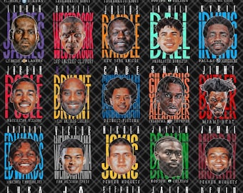 May include: A black and gray graphic featuring the faces of various basketball players. Each player's name and team are displayed in a colorful font. The background has a subtle plaid pattern.