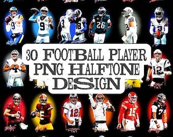 May include: A digital collection of 30 football player PNG halftone designs featuring various athletes in action poses with colorful glowing backgrounds and signatures, centered around the text 30 FOOTBALL PLAYER PNG HALFTONE DESIGN.