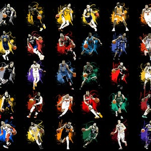 Puede incluir: Un fondo negro presenta un collage de jugadores de baloncesto en acción. Cada jugador está representado con efectos de salpicaduras de pintura coloridas, mostrando poses dinámicas con balones de baloncesto. El tema general es el deporte y el atletismo.