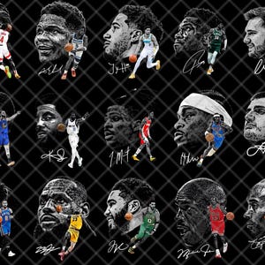 May include: A black and white collage featuring basketball players in action, with their signatures below. The players are depicted in various poses, dribbling, shooting, and running. The background is a black diamond grid.