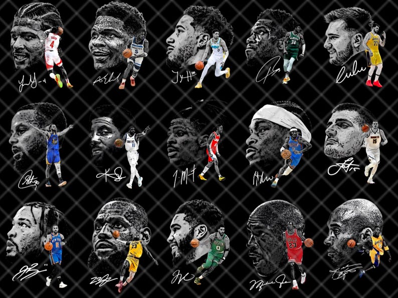 May include: A black and white collage featuring basketball players in action, with their signatures below. The players are depicted in various poses, dribbling, shooting, and running. The background is a black diamond grid.