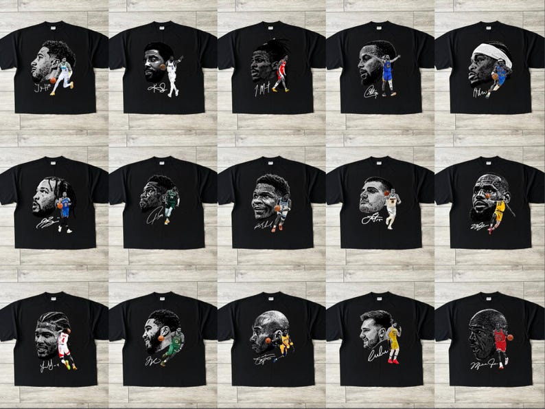 May include: Black t-shirts featuring portraits of basketball players with their signatures. Each shirt displays a different player, with various action poses and team colors. The shirts are arranged in a grid pattern.
