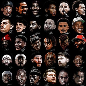 Può includere: Una grafica nera con una griglia di ritratti di giocatori di basket. Ogni ritratto è un'illustrazione dettagliata del volto di un giocatore, con le firme sottostanti. I giocatori sono diversi nell'aspetto e indossano vari cappelli e accessori.