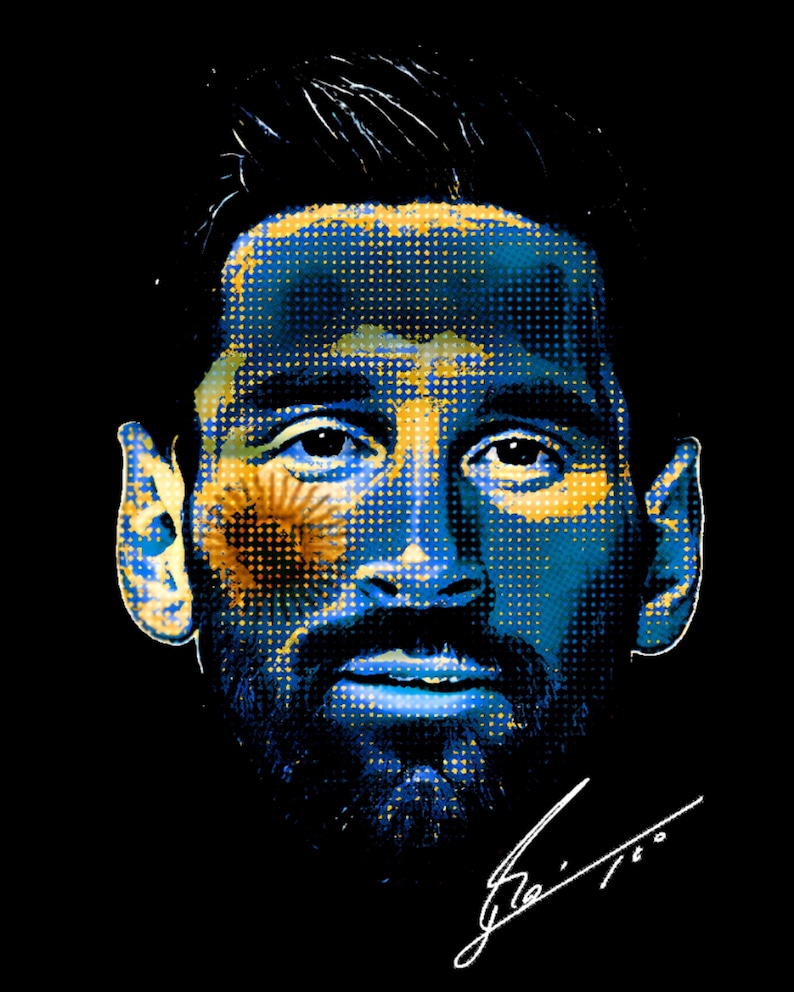 Puede incluir: Retrato de estilo pop art de un hombre con barba, renderizado en puntos de semitono azules y amarillos sobre un fondo negro. La imagen incluye una firma en blanco. El retrato presenta los colores de la bandera argentina.