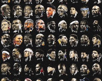 May include: A black poster featuring a grid of numerous basketball player portraits. Each portrait is rendered in a high-contrast, textured style with small, colorful action figures of players integrated into the design of each individual face.