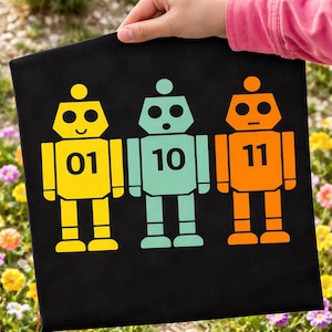 Op de afbeelding: Zwarte afbeelding met drie kleurrijke robotillustraties. Elke robot heeft een andere kleur: geel, blauwgroen en oranje. Elke robot heeft een nummer op zijn borst: 01, 10 en 11. De robots staan op een zwarte achtergrond.