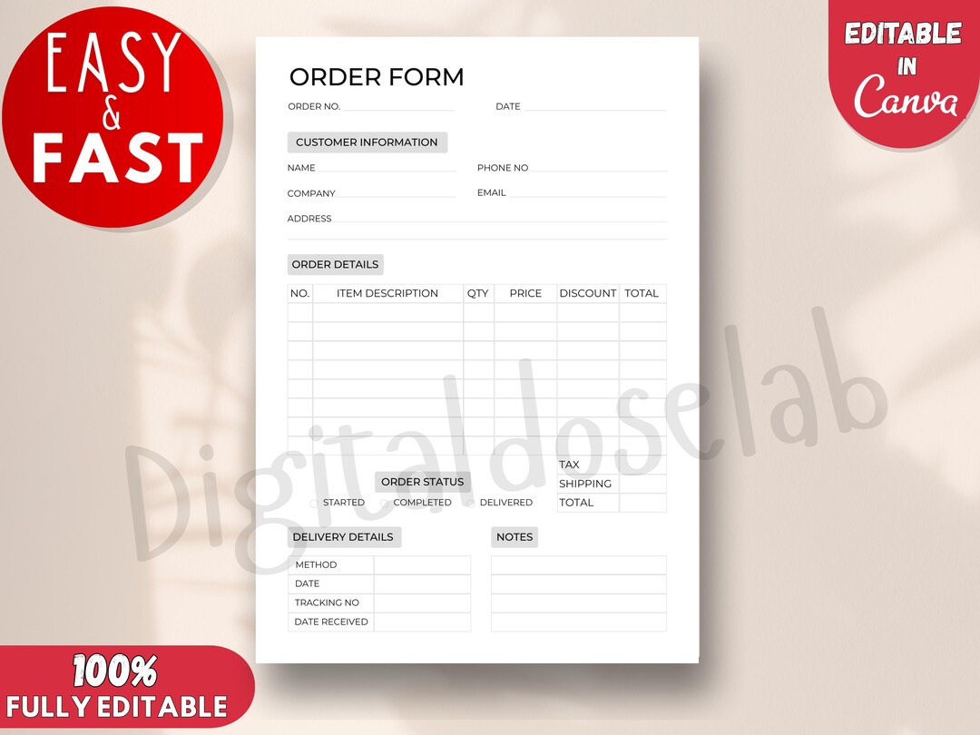 Printable Order Form for Craft Businesses & Etsy Sellers | Editable ...