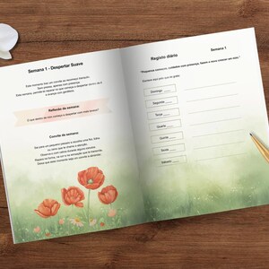 May include: An open journal with text and illustrations of red poppies, a white orchid, and a gold pen on a wooden surface. The journal pages feature text in Portuguese and a daily log layout.