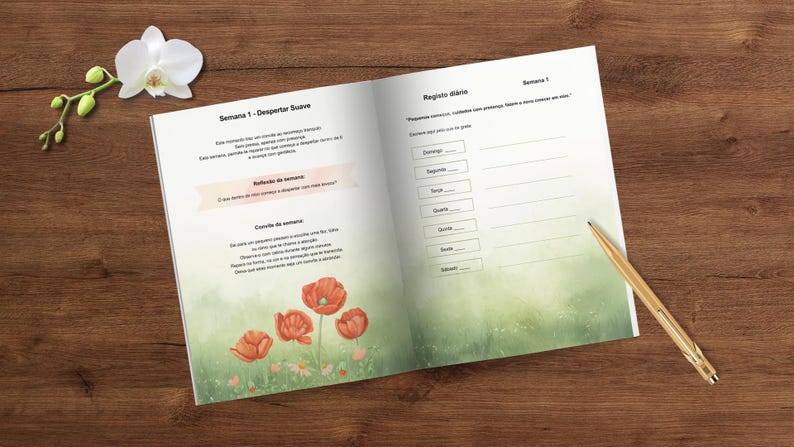 May include: An open journal with text and illustrations of red poppies, a white orchid, and a gold pen on a wooden surface. The journal pages feature text in Portuguese and a daily log layout.