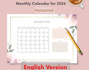 2026 Printable Calendar – A4 Monthly Planner – Horizontal & Vertical Versions – Floral Template – Instant Download