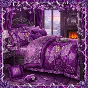 May include: A luxurious purple bedding set with an angel theme. The set includes a comforter, pillows, and a bed skirt, all adorned with angel illustrations and floral patterns. The bedroom setting features a fireplace, a window with a mountain view, and decorative accents.