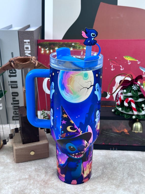 Cute Blue Alien Tumbler – Colorful Galaxy Travel Cup with Handle and Straw