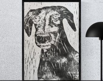 Dog Linocut Print – Hand-Printed Black and White A4 Art, Pet Portrait Wall Art, Minimalist Dog Lover Gift