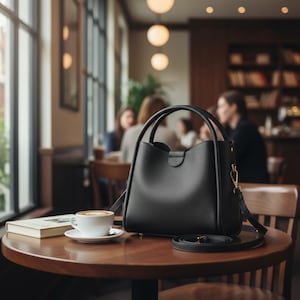 May include: A black leather handbag with top handles and a detachable shoulder strap sits on a wooden table. A cup of coffee and a book are also on the table. The background shows a cafe setting with people.