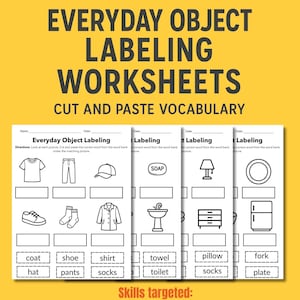 May include: A yellow worksheet titled "Everyday Object Labeling Worksheets" with cut and paste vocabulary exercises. The worksheet includes images of clothing, household items, and a list of words to match. Skills targeted include labeling, picture matching, and fine motor skills.