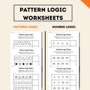 Puede incluir: Hoja de trabajo de dos páginas titulada "Pattern Logic Worksheets". La página izquierda se centra en la "Lógica de patrones" con secuencias de formas y símbolos. La página derecha se centra en la "Lógica de números" con secuencias numéricas. Las hojas de trabajo están diseñadas para fines educativos.