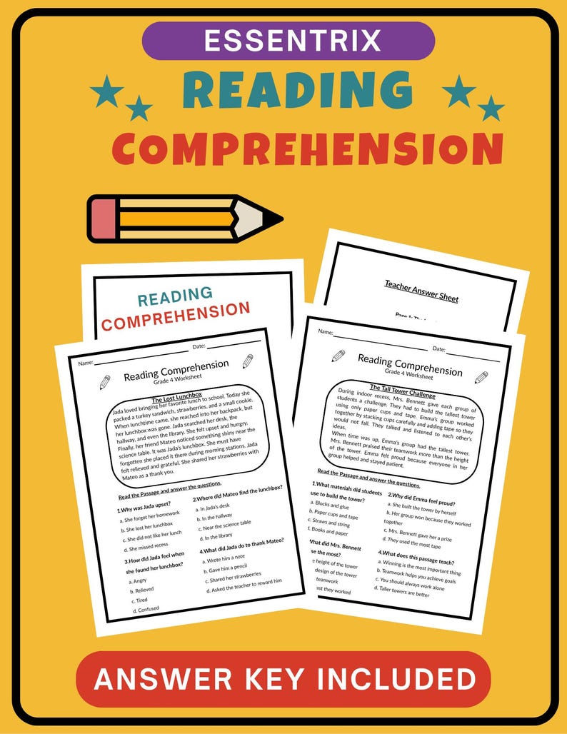 4th Grade Reading Comprehension Worksheets With Questions - Etsy