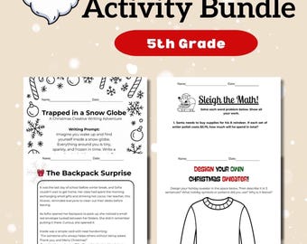 May include: A Christmas activity bundle for 5th grade pupils. The image shows a Santa Claus illustration, alongside worksheets for creative writing, maths problems, and designing a Christmas jumper. The bundle is designed to engage pupils during the holiday season.