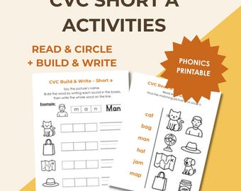 Folhas de exercícios com letras CVC curtas (A) para leitura, construção e escrita em círculo (imprimíveis).