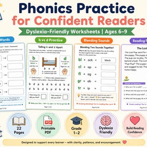 May include: A colorful educational worksheet titled "Phonics Practice for Confident Readers" with sections on CVC words, blending sounds, and reading passages. Includes illustrations of animals and a puppy. Designed for ages 6-9, dyslexia-friendly, and builds reading confidence.