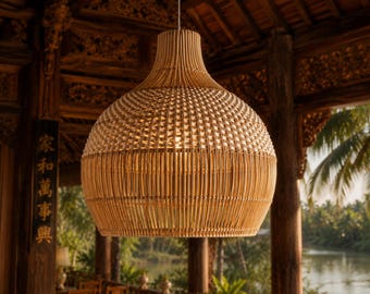 Handwoven Bamboo Pendant Light, Japandi Wabi Sabi Farmhouse Coastal Fixture Large Pendant
