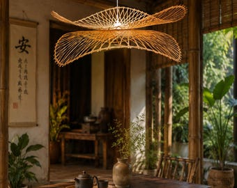 Lámpara colgante de bambú tejida a mano / Lámpara de techo escultural Japandi, Vietnam