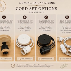 Op de afbeelding: Een productoverzicht getiteld Mekong Rattan Studio Cord Set Options met vier pendelsnoersets: A met houten plafondkap, B met witte plafondkap, C met zwarte plafondkap en D met een snoer met stekker en aan-uitschakelaar.