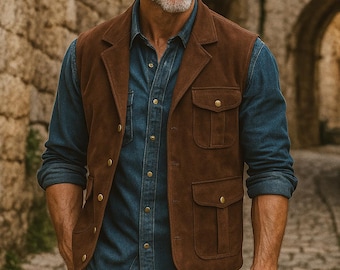 Chaleco utilitario de ante para hombre / Chaleco de trabajo estilo vaquero occidental / Chaleco de imitación de cuero marrón y negro / Estilo para caza y viajes al aire libre / Tallas XS-6XL