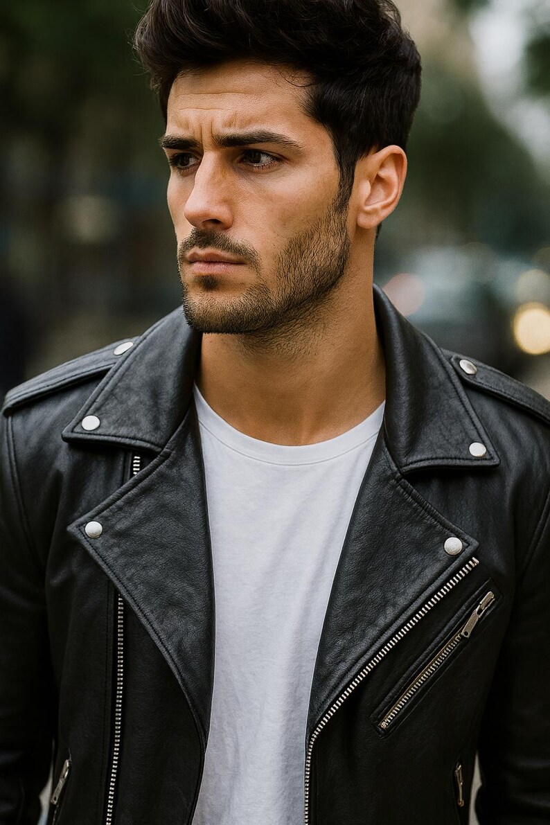 May include: A black leather jacket with silver hardware, including a zipper and snap closures. The jacket is worn over a white crew neck t-shirt. The image is a close-up shot of the jacket and the person wearing it.