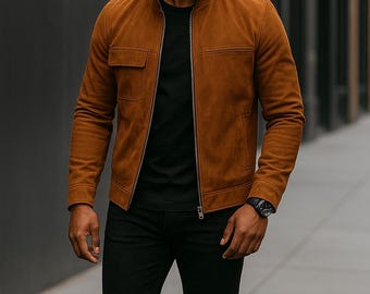 Chaqueta de ante auténtico para hombre / Chaqueta bomber de corte entallado / Chaqueta de cuero color canela, chocolate y negro hecha a mano / Regalo para él