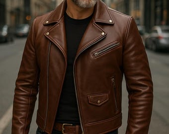May include: A brown leather jacket with a classic biker style, featuring a notched collar, asymmetrical zipper, and multiple pockets. The jacket is paired with a black shirt, dark jeans, and a brown belt. The image is set in an urban environment.
