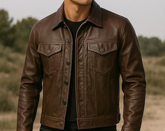 Chaqueta de camionero de cuero auténtico para hombre, marrón y negra, estilo vintage clásico, hecha a mano, tallas XS-6XL
