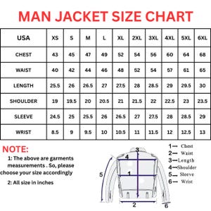 May include: A size chart for men's jackets, with measurements in inches for chest, waist, length, shoulder, sleeve, and wrist. The chart includes sizes from XS to 6XL. A diagram illustrates jacket measurement points.