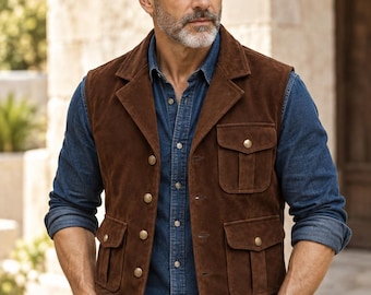 Men’s Suede Utility Vest | Western Cowboy Workwear Waistcoat | Brown & Black Leather Look Vest | Outdoor Hunting Travel Style | XS-6XL