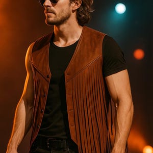 Op de afbeelding: Een bruin leren vest met franjes, gedragen over een zwart t-shirt en een zwarte jeans. Het vest heeft een knoopsluiting. De persoon draagt een zonnebril.