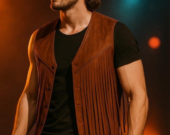 Chaleco de cuero genuino con flecos hecho a mano para hombre / Atuendo de músico de rock western para escenario / Chaleco marrón estilo vaquero para festivales y motociclistas, tallas XS a 6XL
