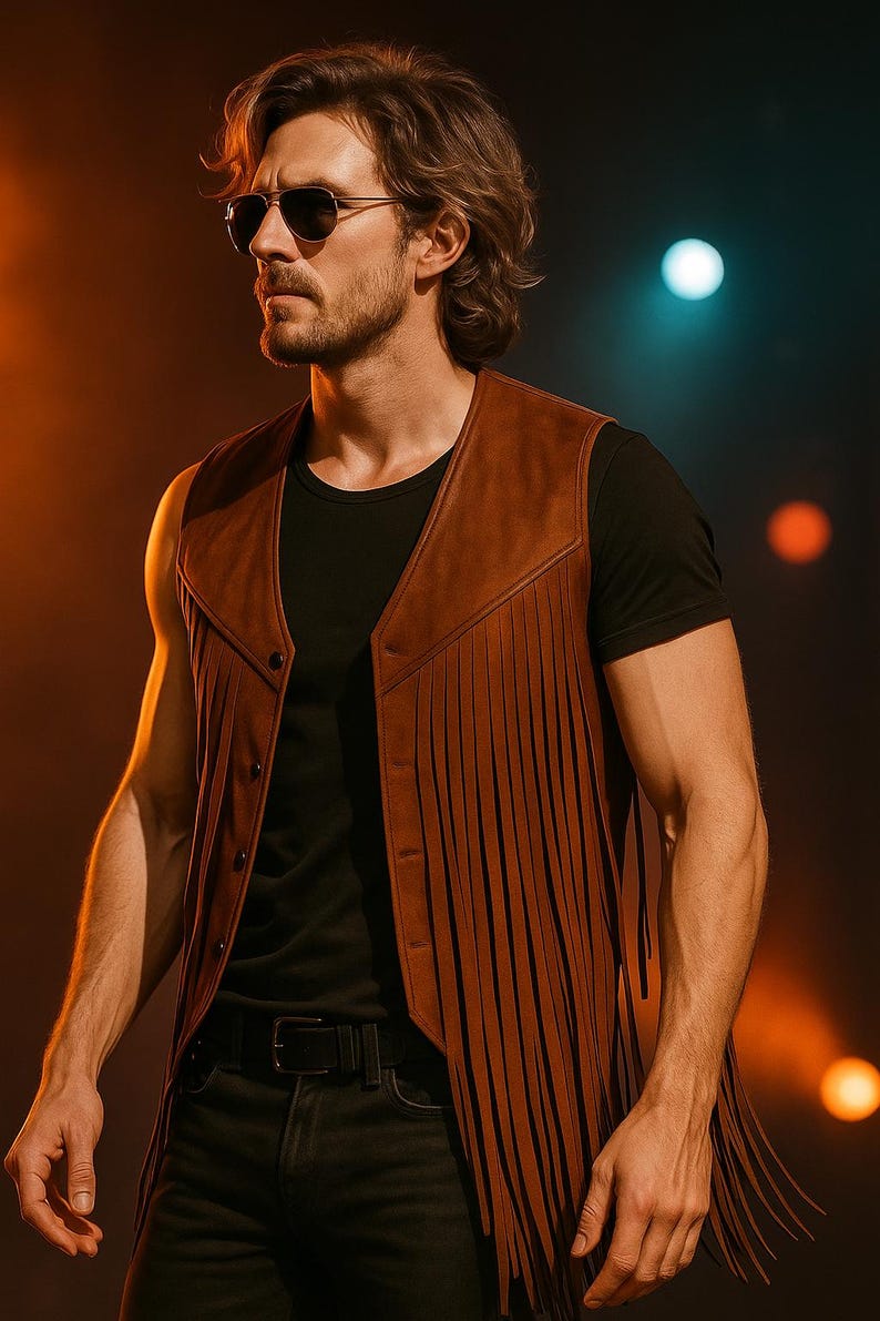 Op de afbeelding: Een bruin leren vest met franjes, gedragen over een zwart t-shirt en een zwarte jeans. Het vest heeft een knoopsluiting. De persoon draagt een zonnebril.