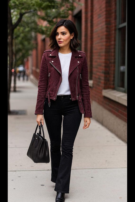 Women’s Suede Moto Jacket Handmade Biker Jacket XS–6XL Tan Brown Chocolate Black Burgundy Fall Winter Leather Look Coat