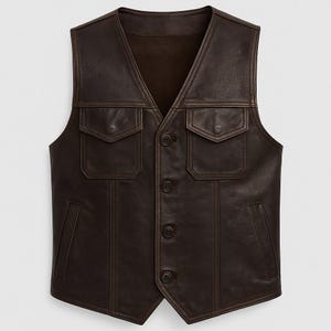 Op de afbeelding: Een bruin leren vest met een V-hals en vier knopen. Het vest heeft twee voorzakken met knoopsluiting en twee zijzakken. Gemaakt van glad, donkerbruin leer.