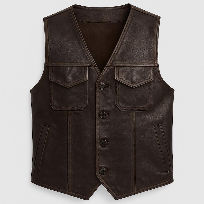 Op de afbeelding: Een bruin leren vest met een V-hals en vier knopen. Het vest heeft twee voorzakken met knoopsluiting en twee zijzakken. Gemaakt van glad, donkerbruin leer.