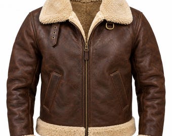 Men’s Shearling Leather Bomber Jacket | Vintage Aviator Winter Coat | Brown Sheepskin Flight Jacket| Gift for Him | XS-6XL | Warm Fur Collar