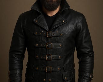 Chaqueta de cuero para hombre hecha a mano con hebilla – Estilo militar gótico negro y marrón / Chaqueta de motociclista steampunk / Abrigo de cuero vintage / Regalo para él