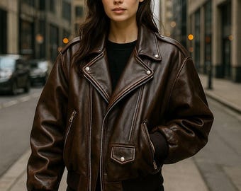 Chaqueta de cuero marrón extragrande para mujer / Abrigo de motociclista vintage / Abrigo de cuero auténtico suave / Chaqueta hecha a mano / Moda otoño-invierno