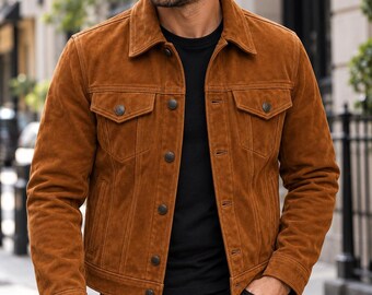 Men’s Suede Trucker Jacket – Real Suede Leather in Chocolate Brown,Tan, and Black Handmade Western Jacket | Vintage Streetwear Gift for Him