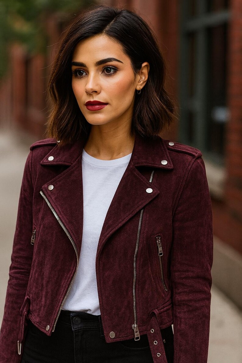 May include: A burgundy suede biker jacket with silver zippers and snap details. The jacket is worn over a white t-shirt. The model is wearing black jeans. The jacket has a classic asymmetrical design.